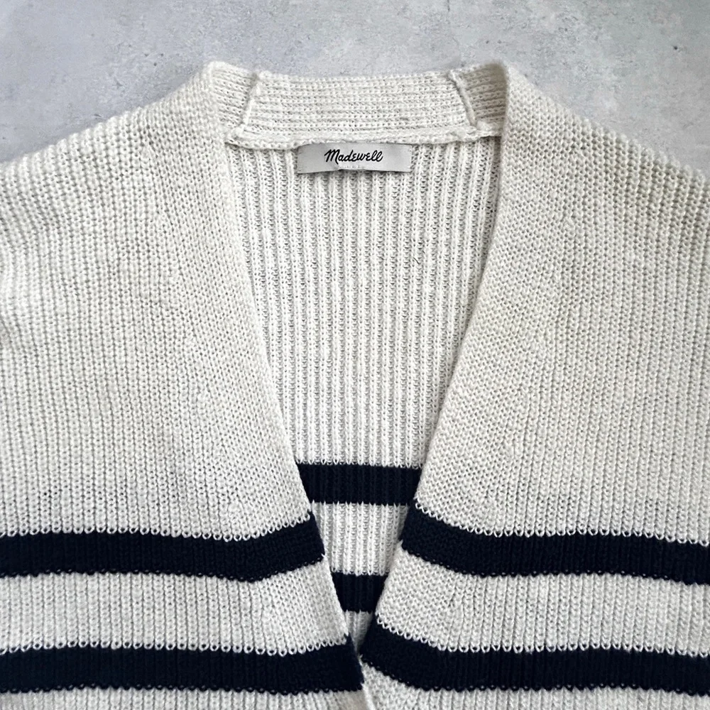 Madewell Striped V-Neck Button Front Cotton Cardigan | Small | Navy & Cream